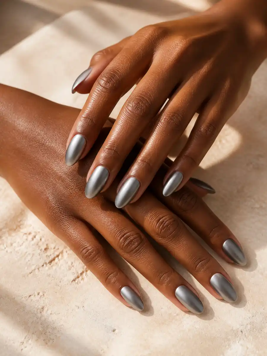 Matte Chrome Nails: chrome, matte top coat