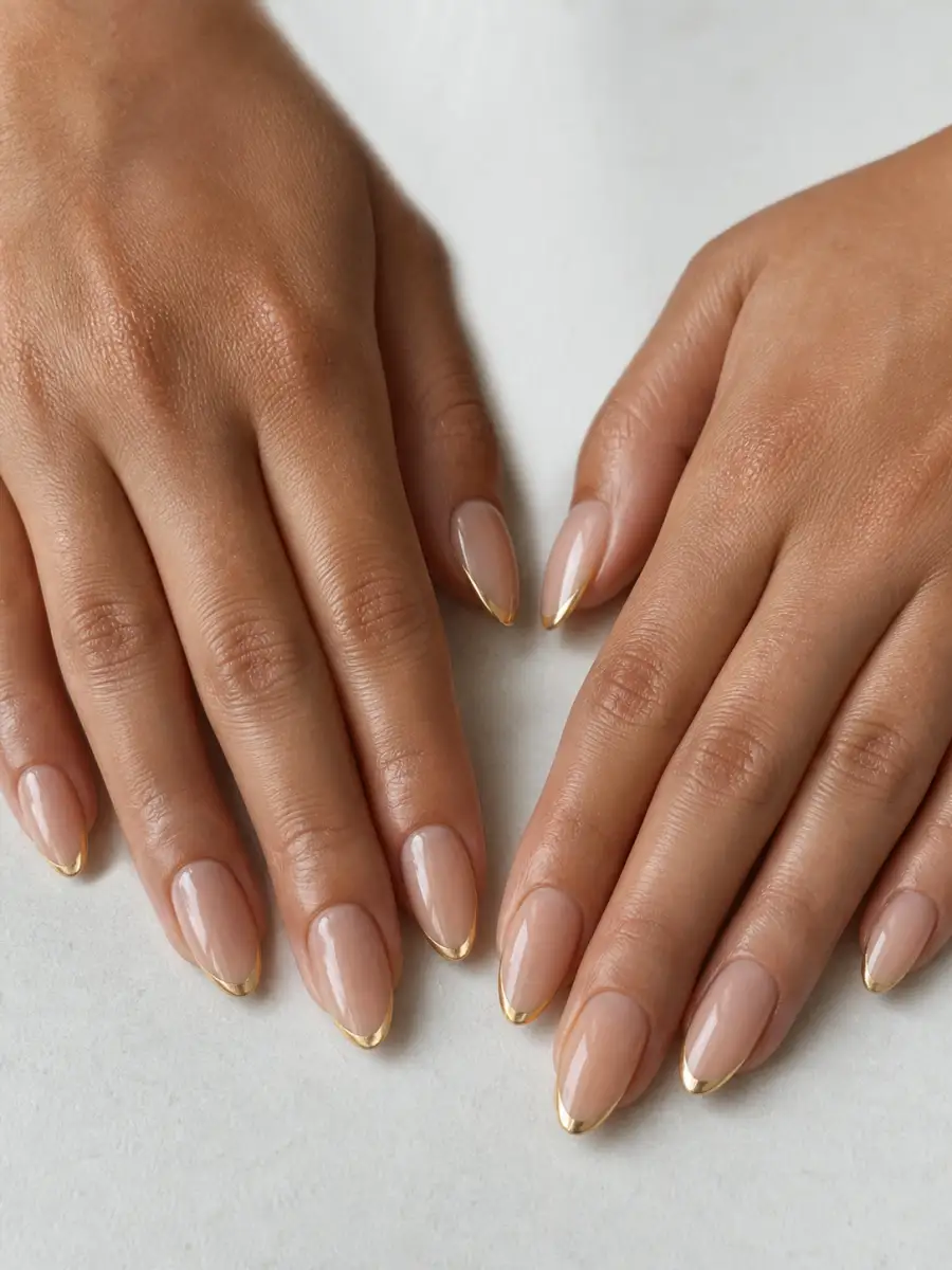 Fine Gold French Nails: almond, muted shade, glossy finish, fine gold french