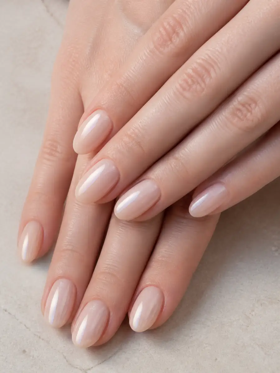 Pearl Nude Nails: almond, muted shade, glossy finish, pearl nude