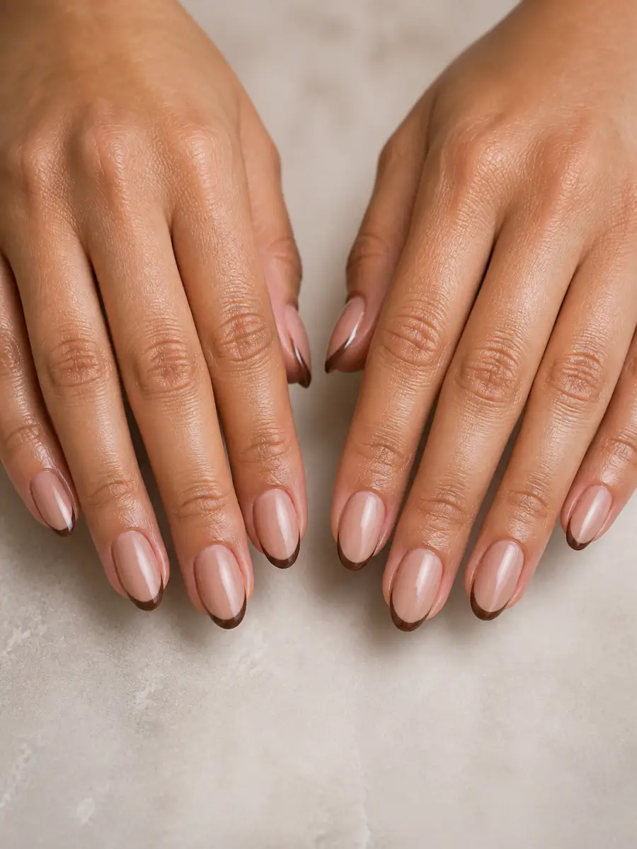 Cocoa Micro French Nails: almond, muted shade, glossy finish, cocoa micro french