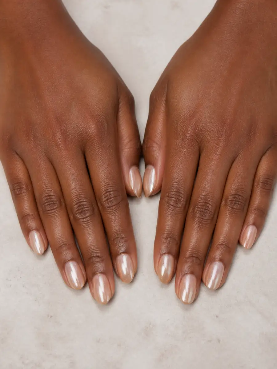 Champagne Glazed Nails: almond, muted shade, glossy finish, champagne glazed