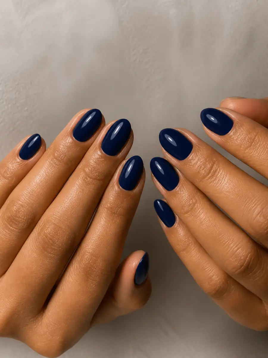 Navy Classy Nails: almond, muted shade, glossy finish, navy classy