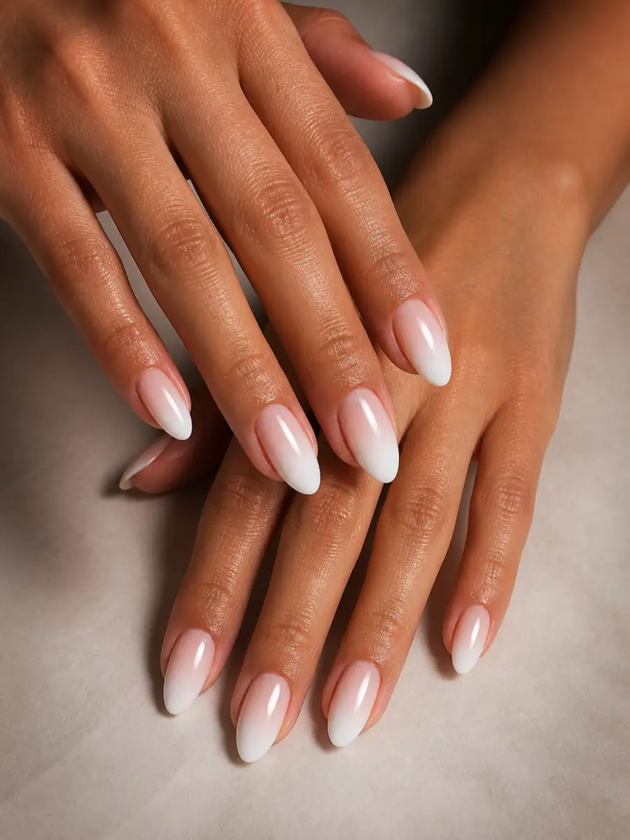 Soft White Ombre Nails: almond, muted shade, glossy finish, soft white ombre