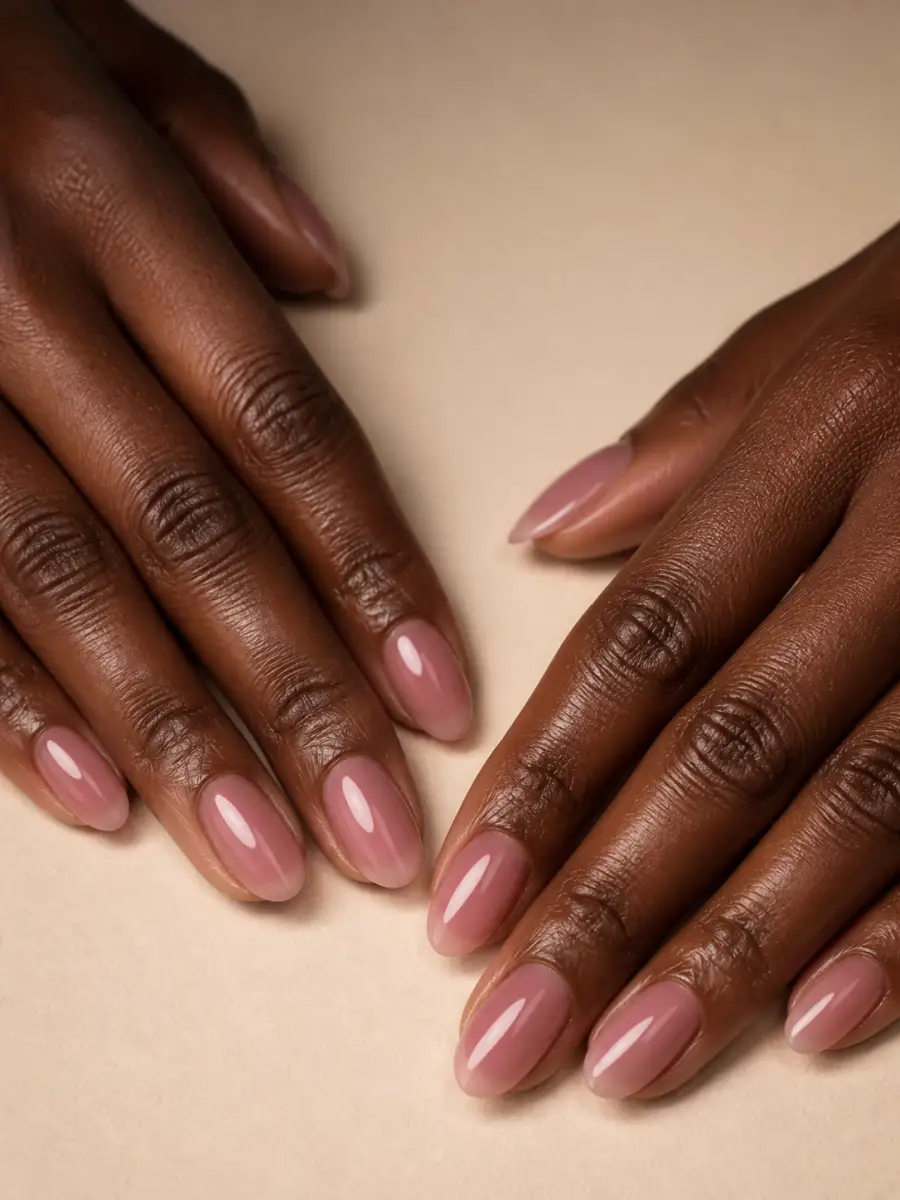 Sheer Rose Manicure: almond, muted shade, glossy finish, sheer rose manicure