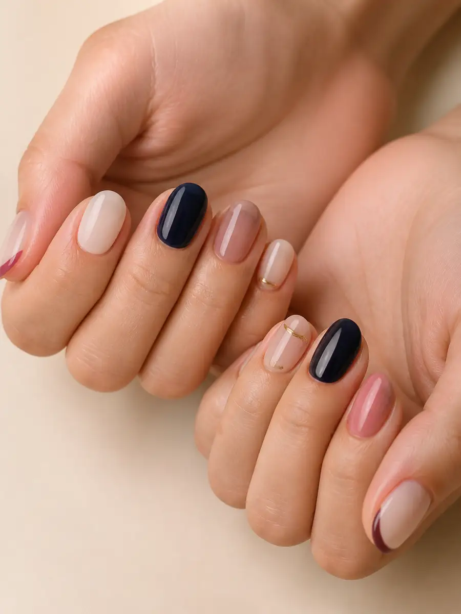 Short Milky Squoval Nails: short almond, muted shade, glossy finish, short milky squoval
