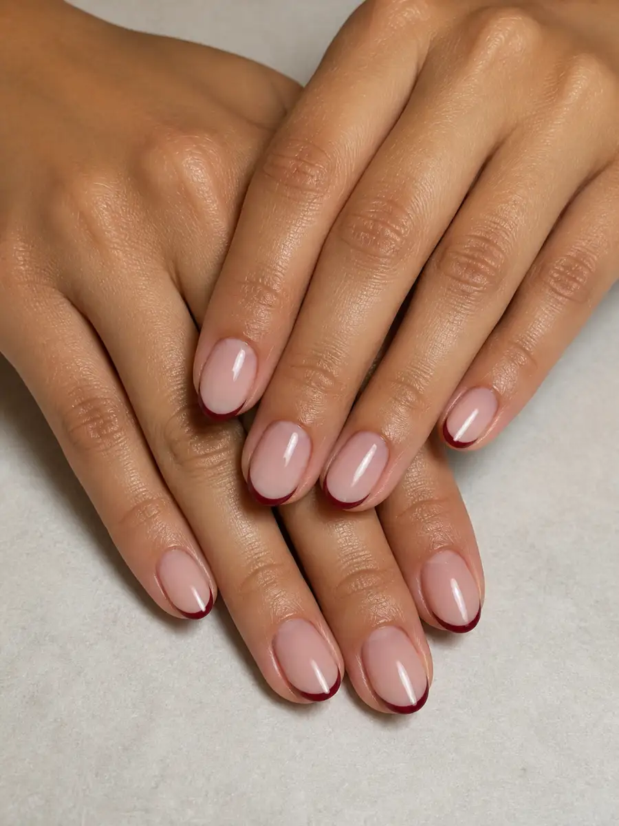 Burgundy Micro French Nails: short almond, muted shade, glossy finish, burgundy micro french