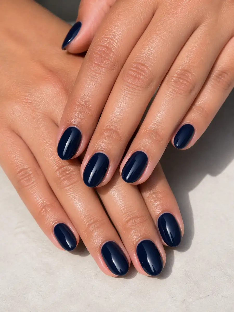 Glossy Navy Short Nails: short almond, muted shade, glossy finish, glossy navy short