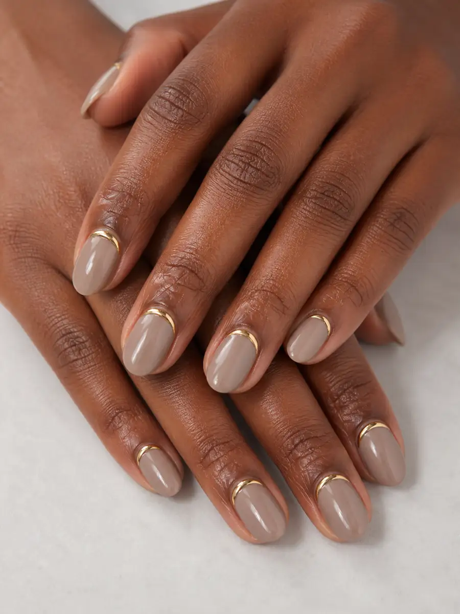 Tiny Gold Cuff Nails: short almond, muted shade, glossy finish, tiny gold cuff