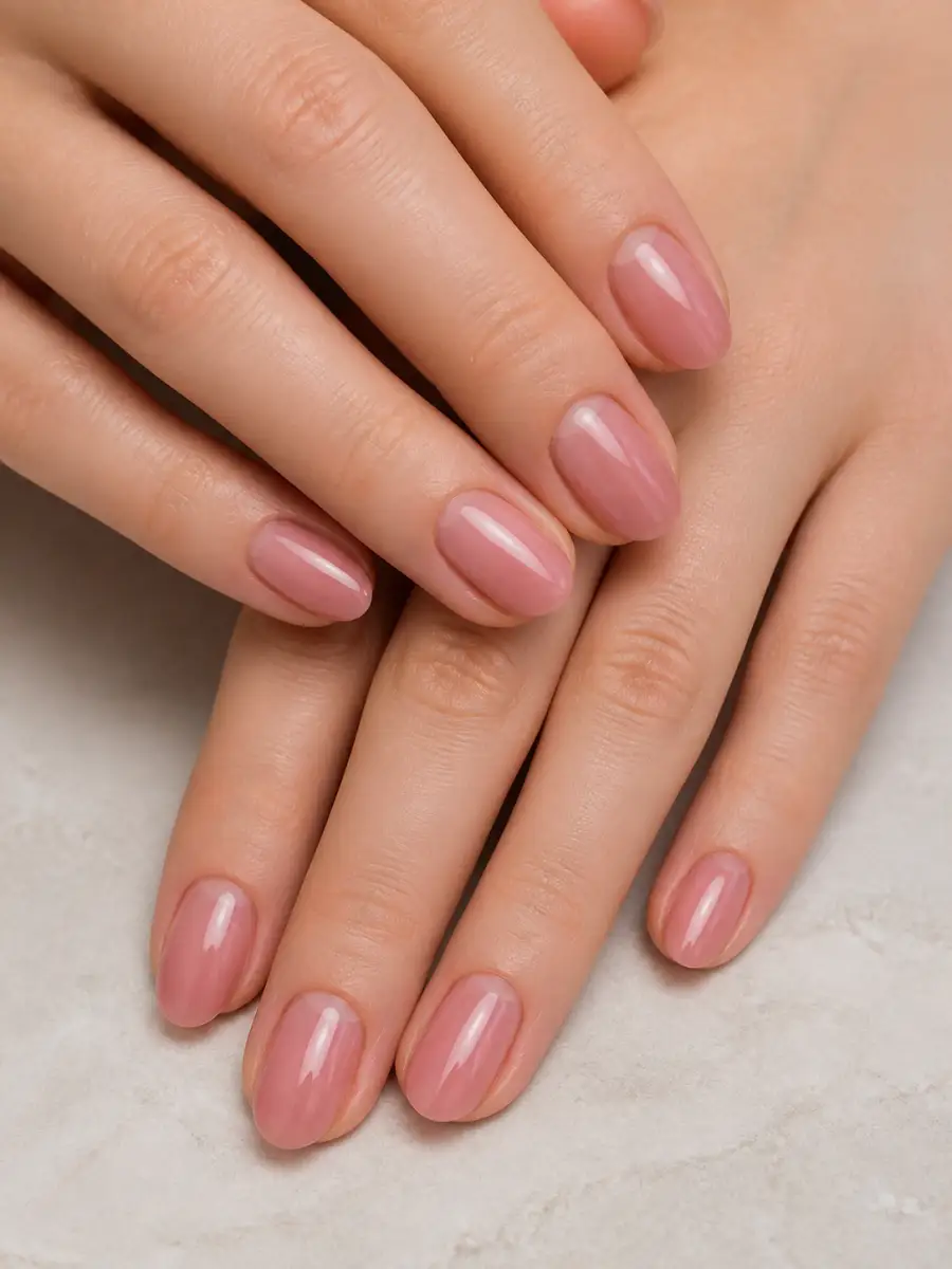 Sheer Rose Short Nails: short almond, muted shade, glossy finish, sheer rose short