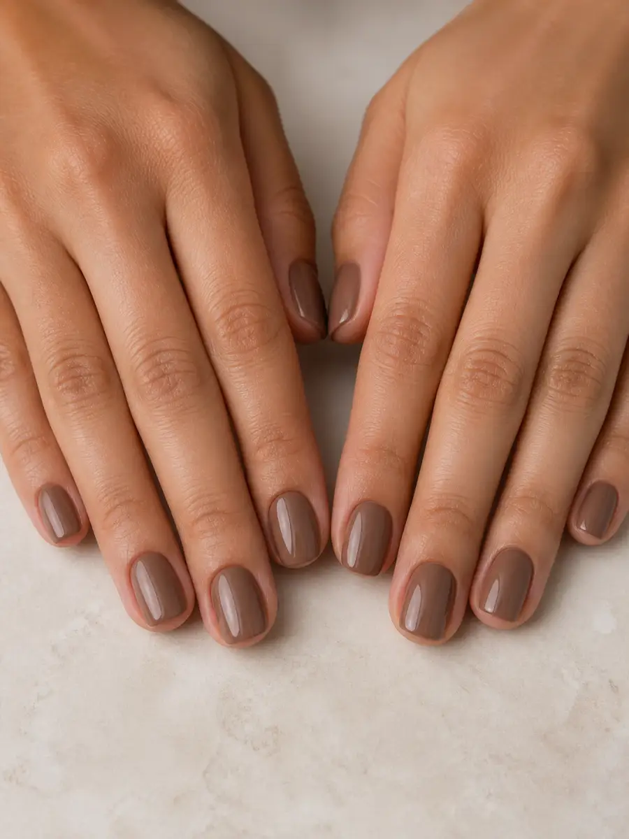 Cocoa Short Square Nails: short almond, muted shade, glossy finish, cocoa short square