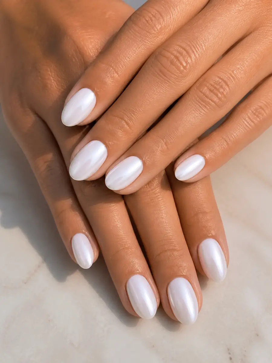Pearl White Short Nails: short almond, muted shade, glossy finish, pearl white short
