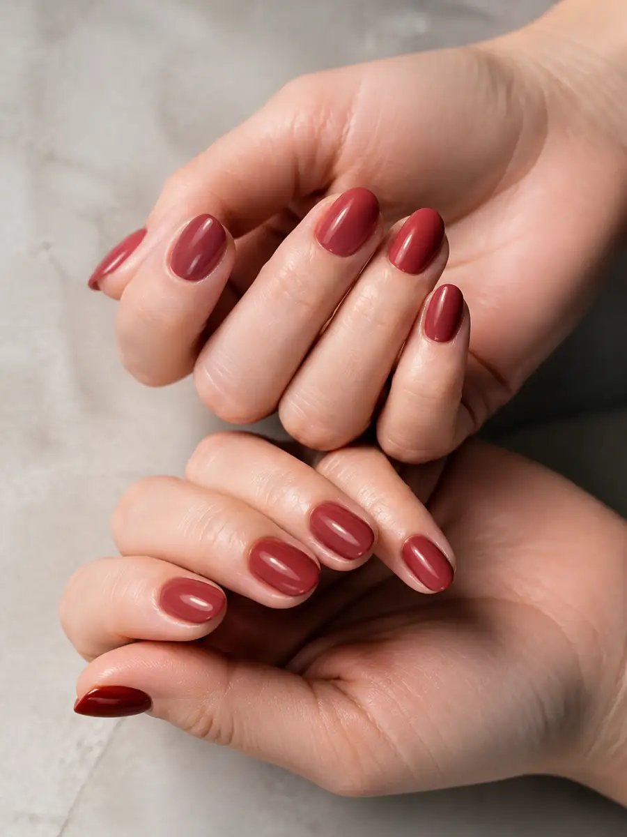 Muted Red Round Nails: short almond, muted shade, glossy finish, muted red round
