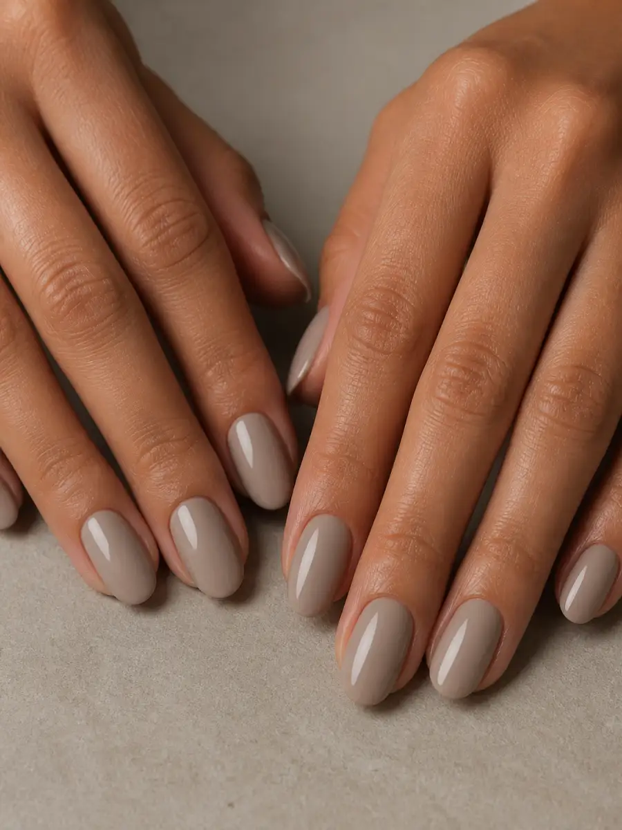 Greige Short Nails: short almond, muted shade, glossy finish, greige short