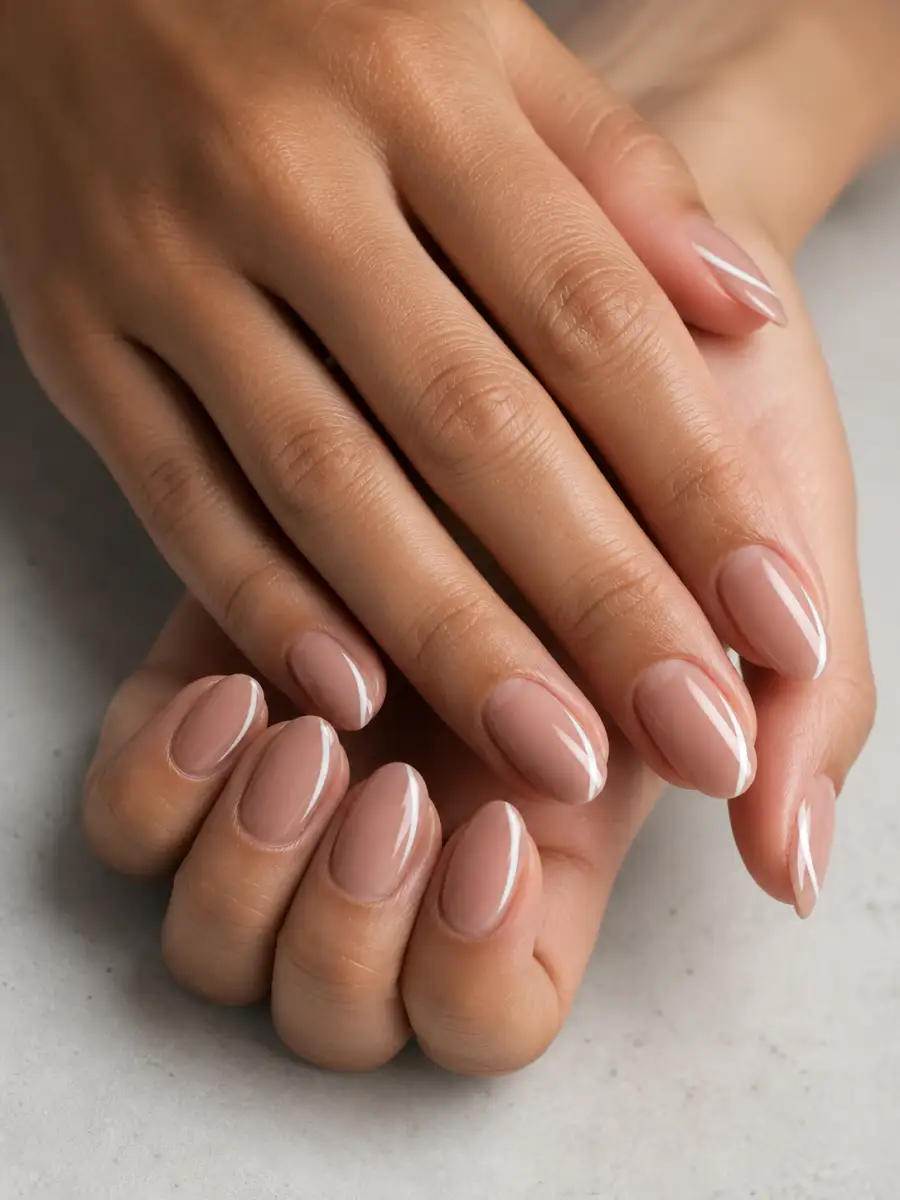 Fine Side French Nails: short almond, muted shade, glossy finish, fine side french