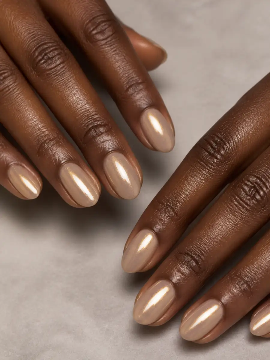 Champagne Glazed Short Nails: short almond, muted shade, glossy finish, champagne glazed short