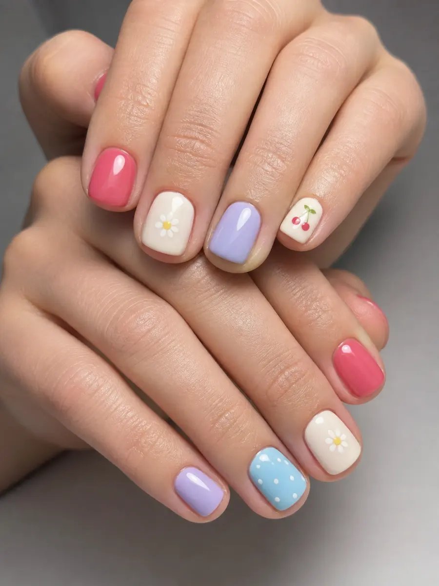 Tiny Daisy Short Nails: short square, small accent motif, tiny daisy short