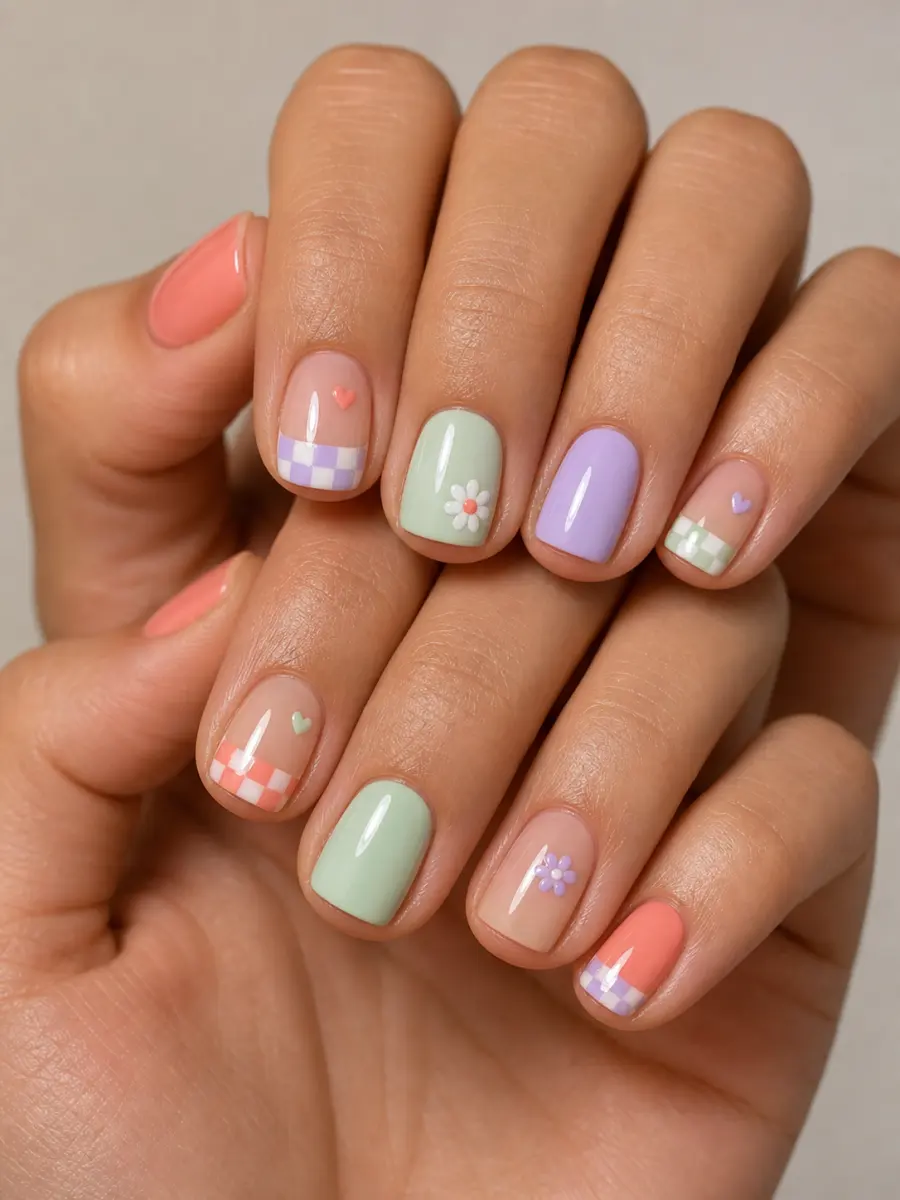 Mini Cherry Nails: short square, small accent motif, mini cherry