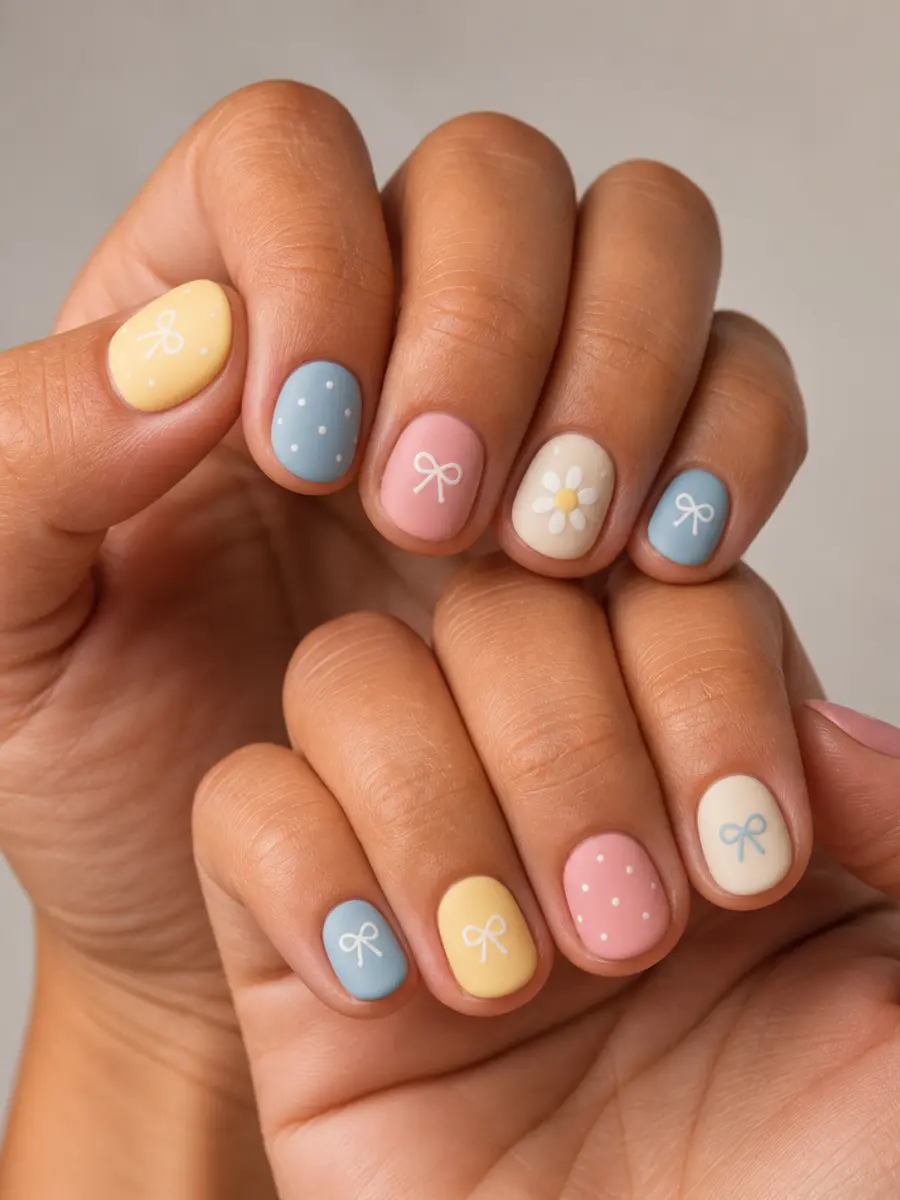 Pastel Checker Tips: short square, small accent motif, pastel checker tips