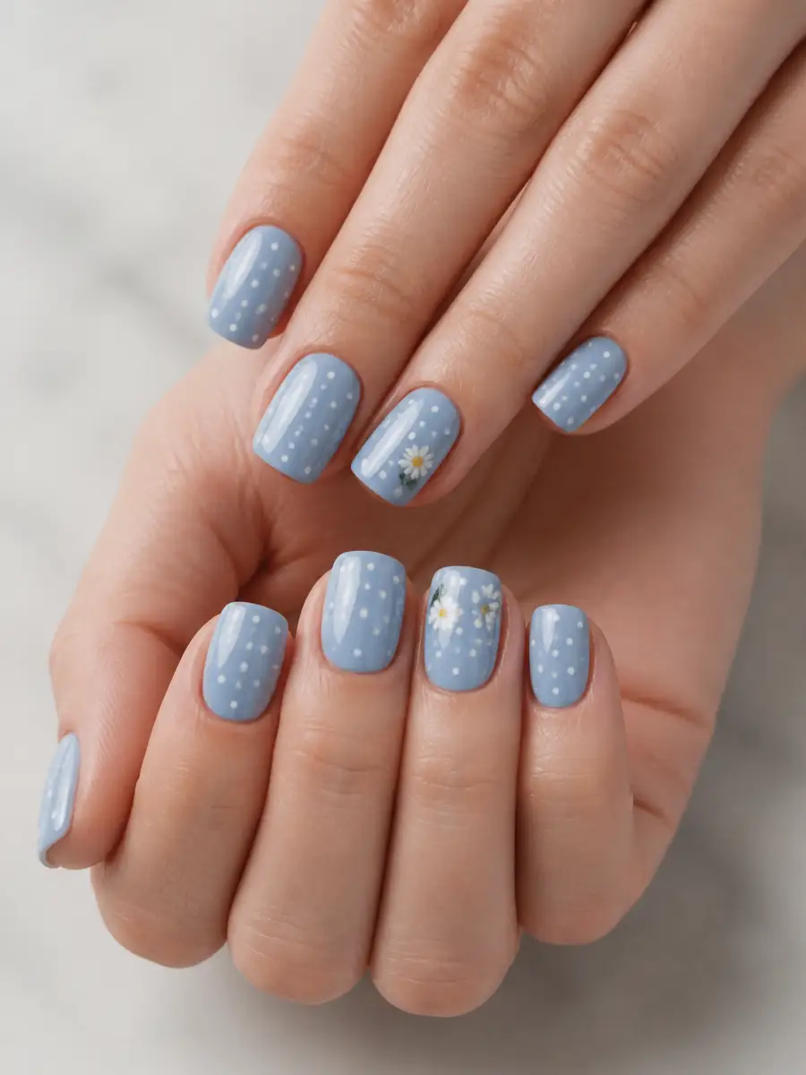 Blue Polka Dot Nails: short square, small accent motif, blue polka dot