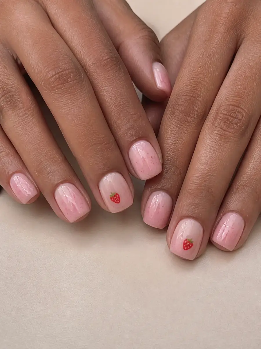 Strawberry Milk Nails: short square, small accent motif, strawberry milk