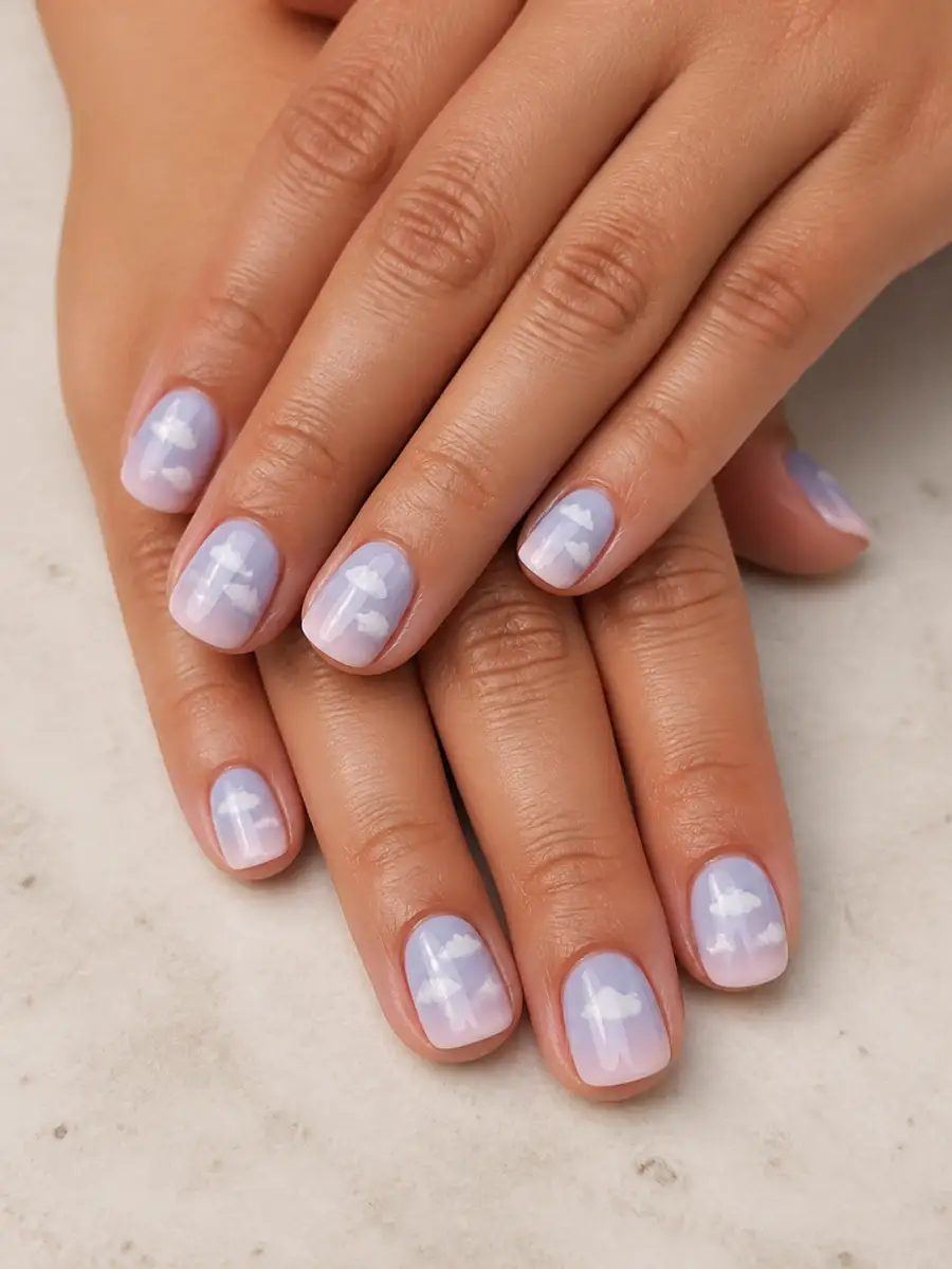 Cloud Short Nails: short square, small accent motif, cloud short