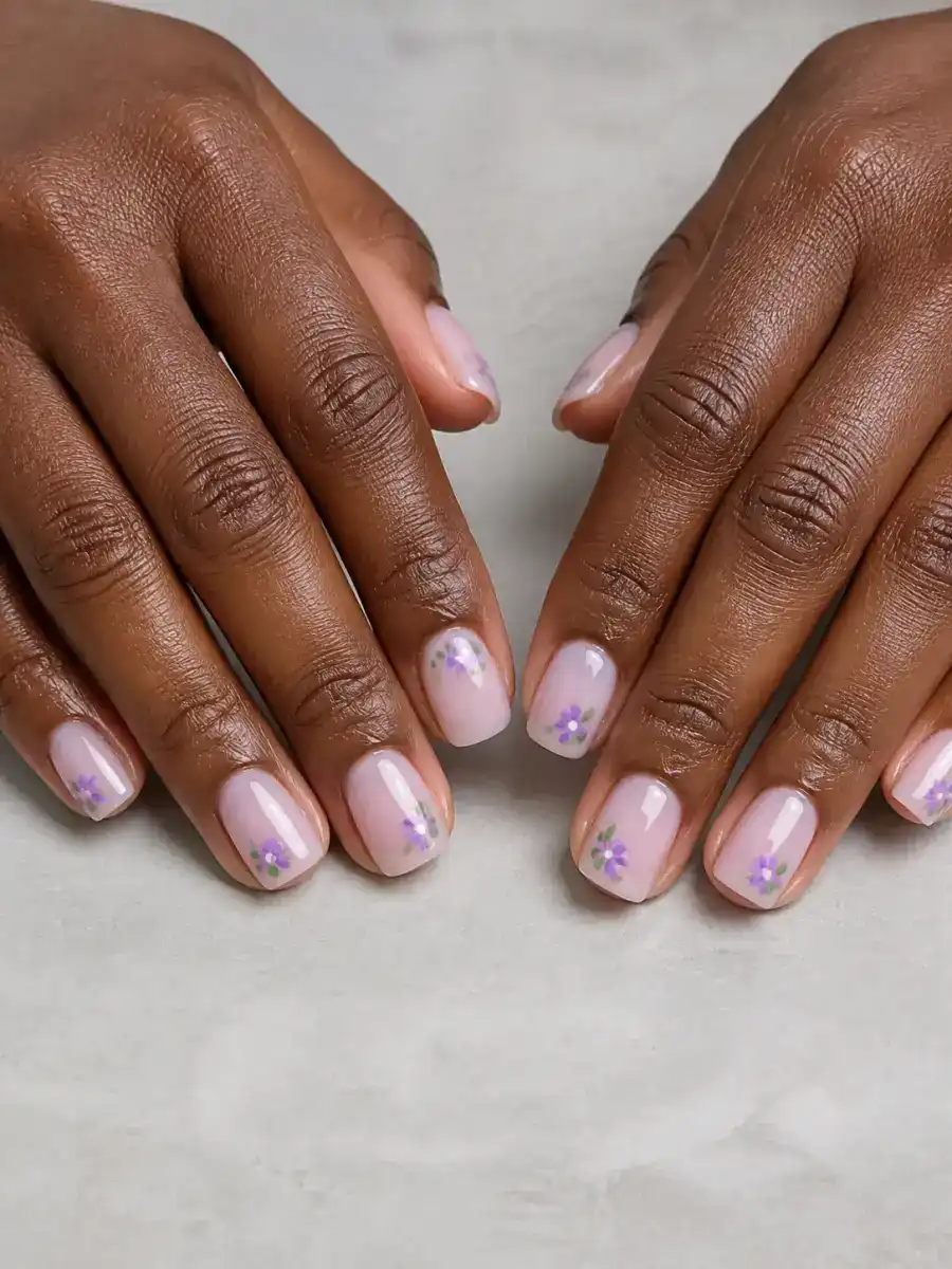 Lilac Flower Nails: short square, small accent motif, lilac flower