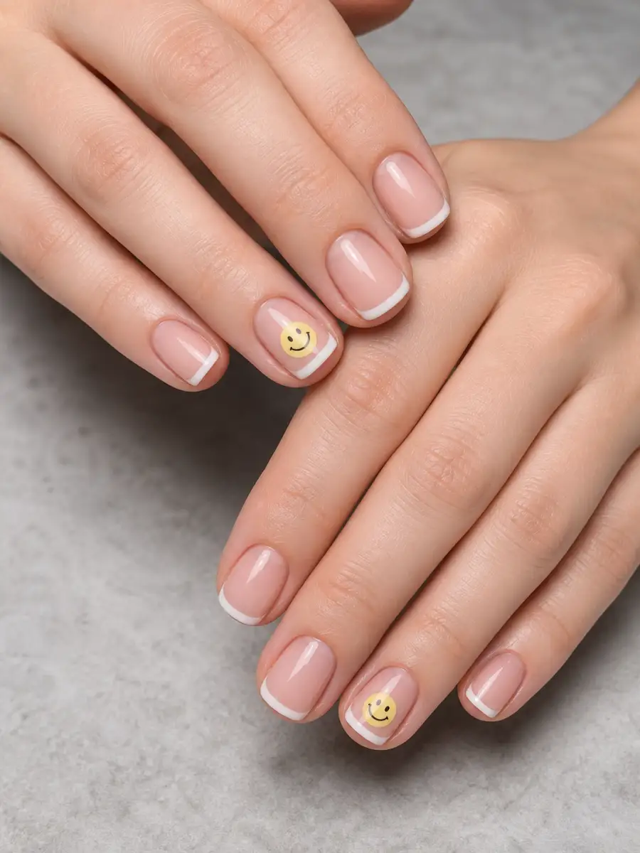 Smiley Accent Nails: short square, small accent motif, smiley accent