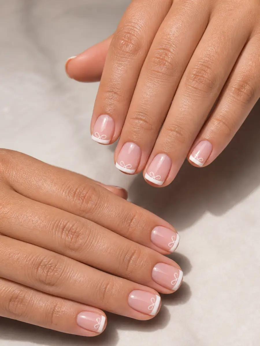 Bow Micro French Nails: short square, small accent motif, bow micro french