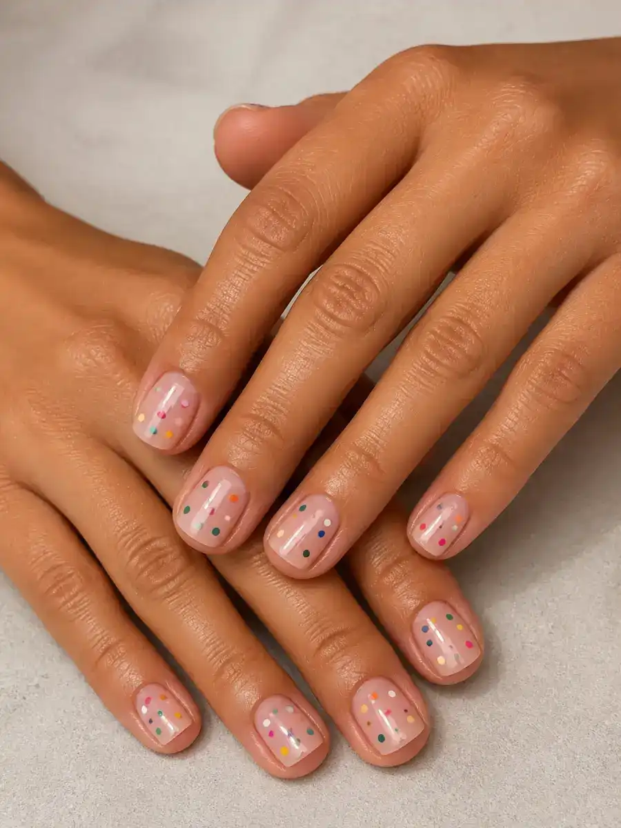 Colourful Dot Nails: short square, small accent motif, colourful dot