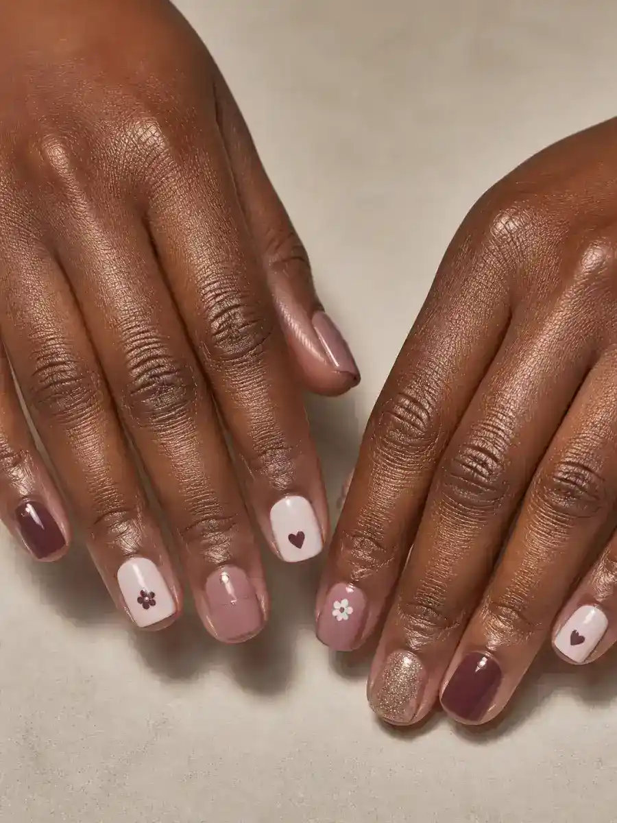Cute Mix and Match Nails: short square, small accent motif, cute mix and match