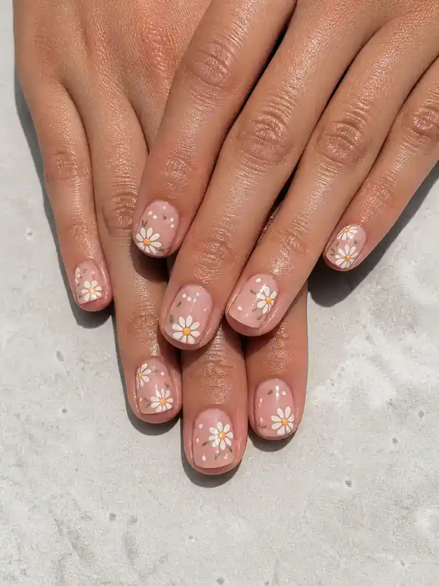 Easy Daisy Nails: short square, simple dots and lines, easy daisy