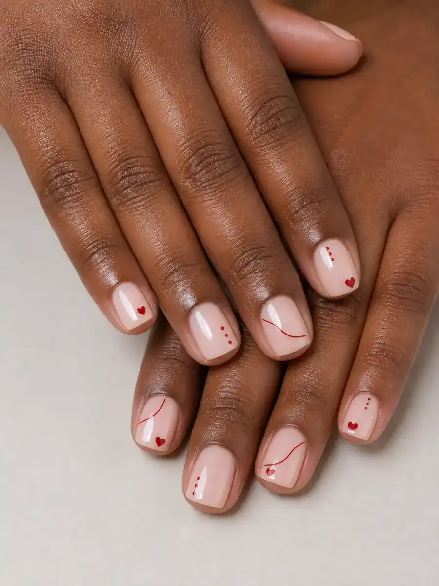 Simple Heart Nails: short square, simple dots and lines, simple heart