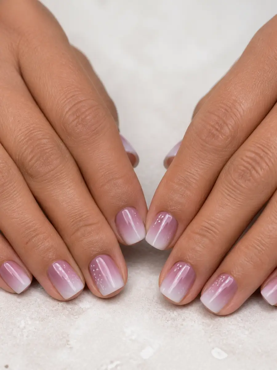 Sponge Ombre Short Nails: short square, simple dots and lines, sponge ombre short