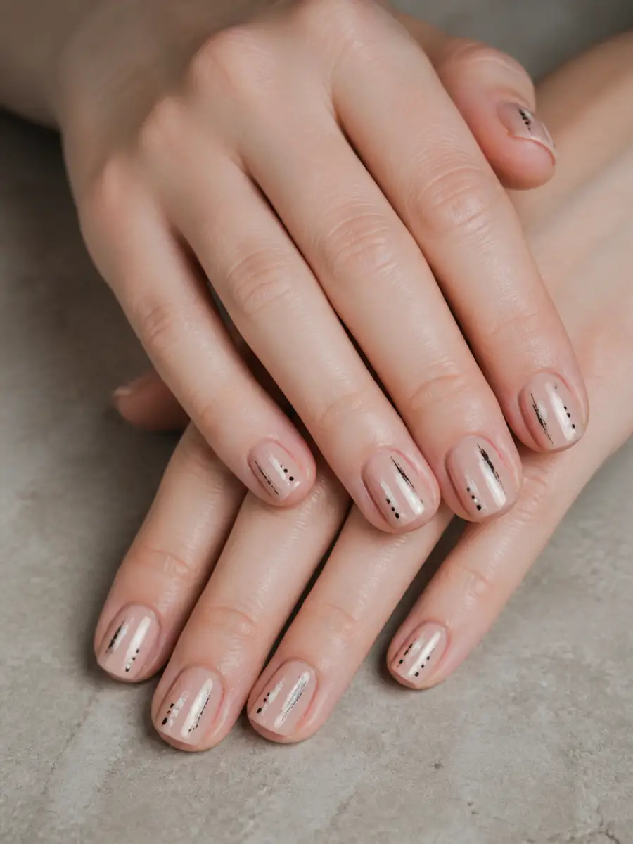 Dry Brush Accent Nails: short square, simple dots and lines, dry brush accent