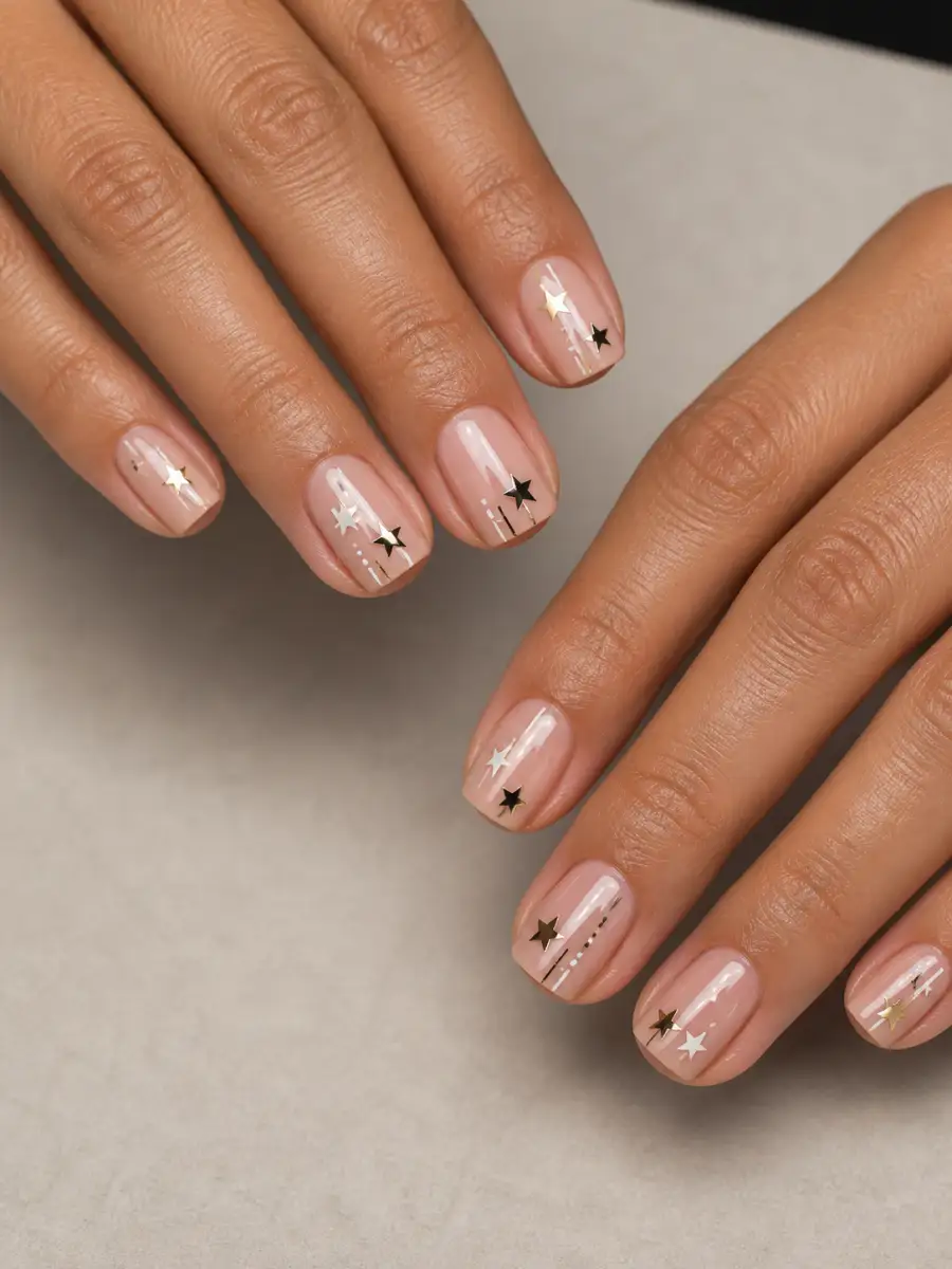 Sticker Star Nails: short square, simple dots and lines, sticker star