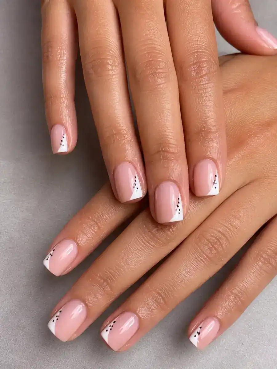 Simple Side French Nails: short square, simple dots and lines, simple side french