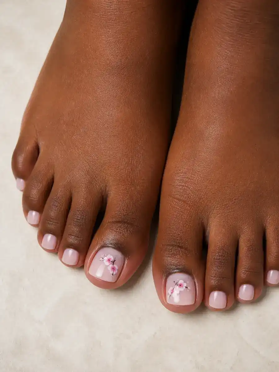 Cherry Blossom Toes: toenails, small floral accent on the big toe, milky base, cherry blossom toes