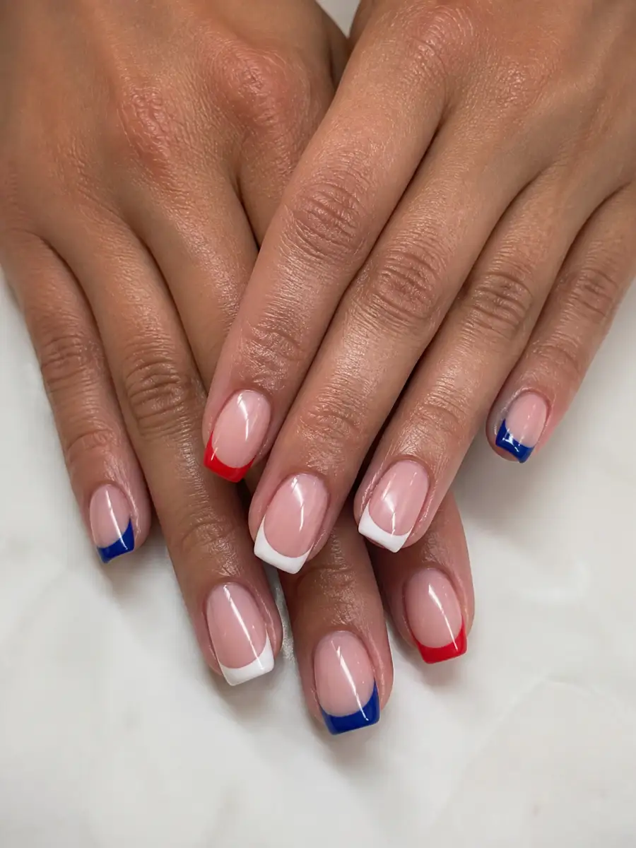 Patriotic French Tips: red, white and blue across alternating nails, patriotic french tips
