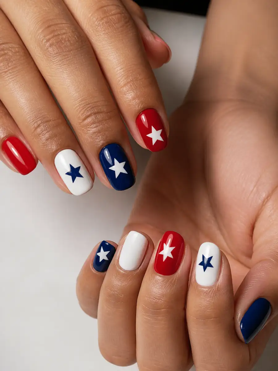 Navy Star Nails: red, white and blue across alternating nails, navy star