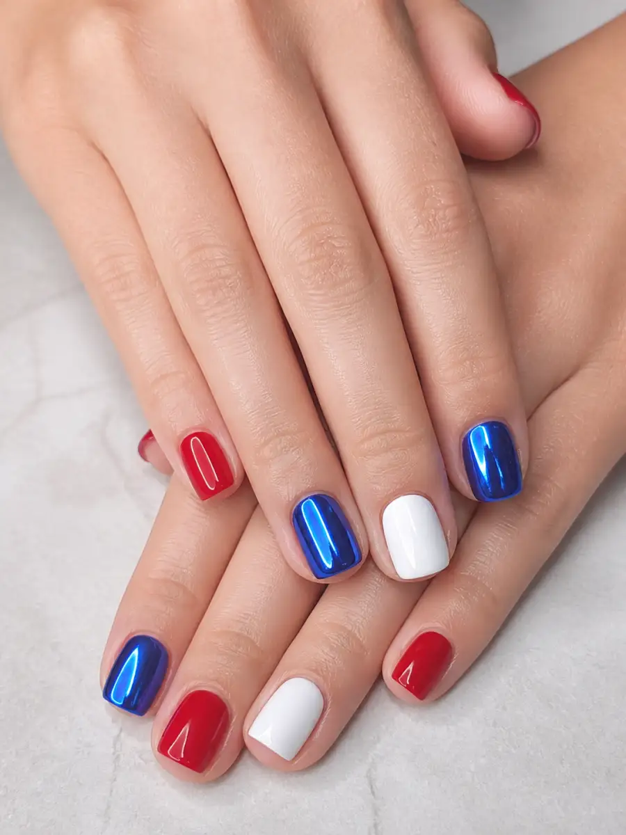 Blue Chrome Accent Nails: red, white and blue across alternating nails, blue chrome accent