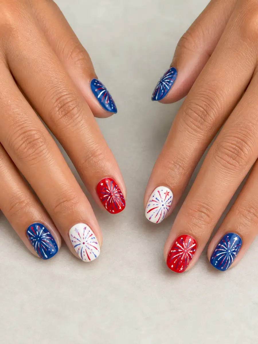 Firework Nail Art: red, white and blue across alternating nails, firework nail art