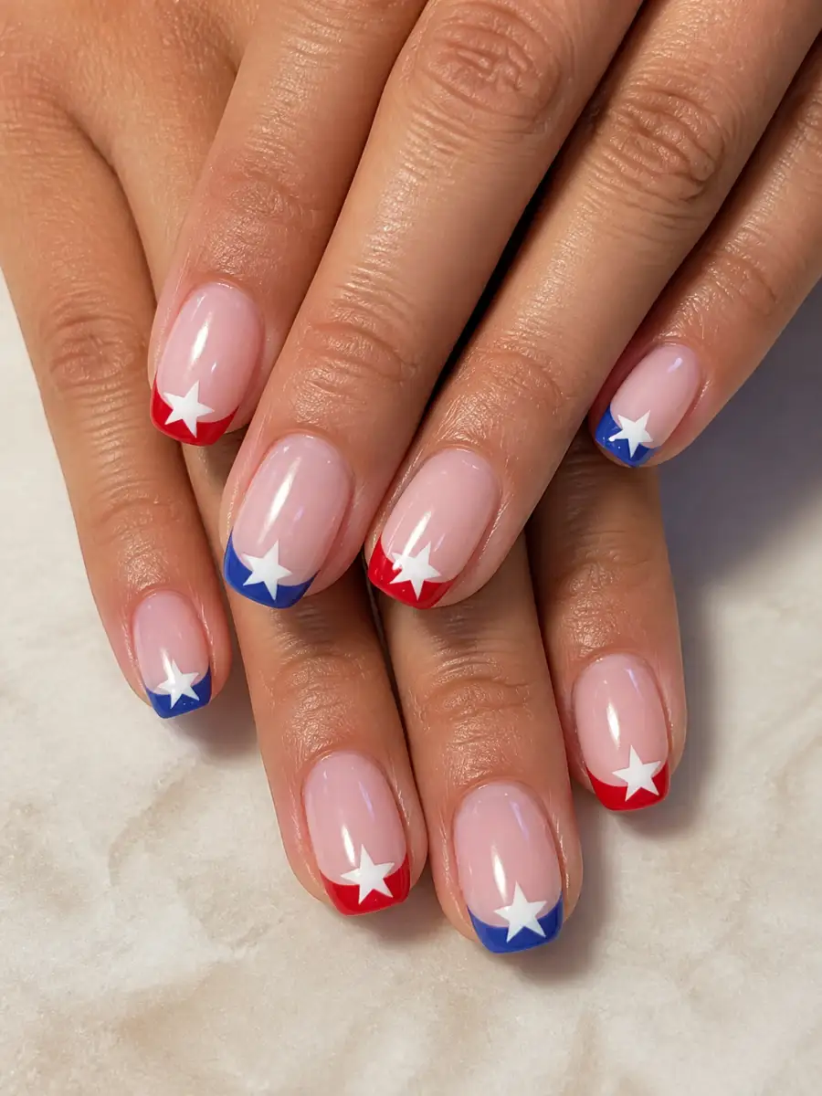 White Star French Nails: red, white and blue across alternating nails, white star french