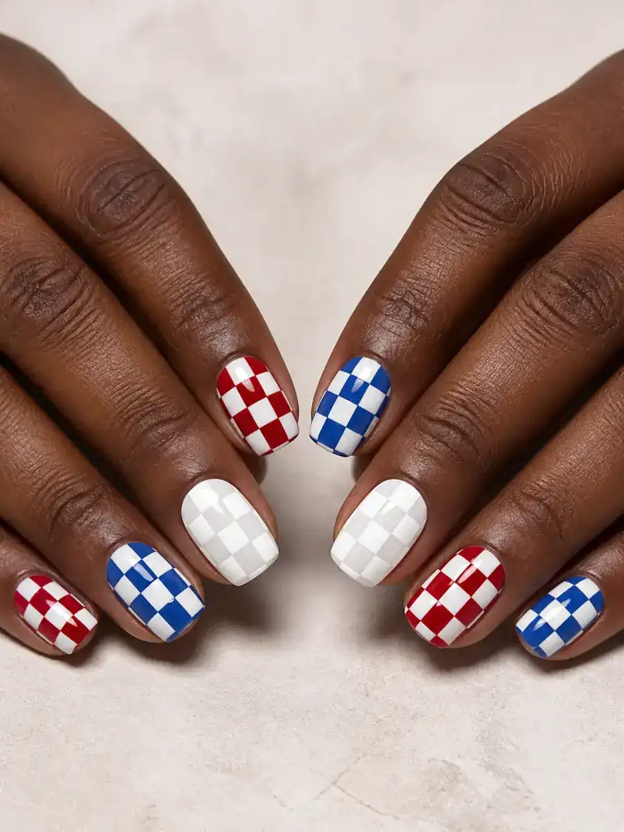 Patriotic Checker Nails: red, white and blue across alternating nails, patriotic checker