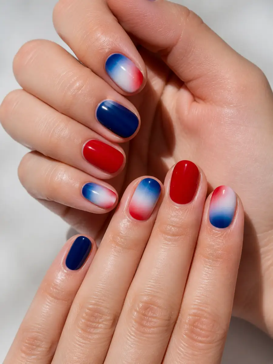 Red Blue Aura Nails: red, white and blue across alternating nails, red blue aura