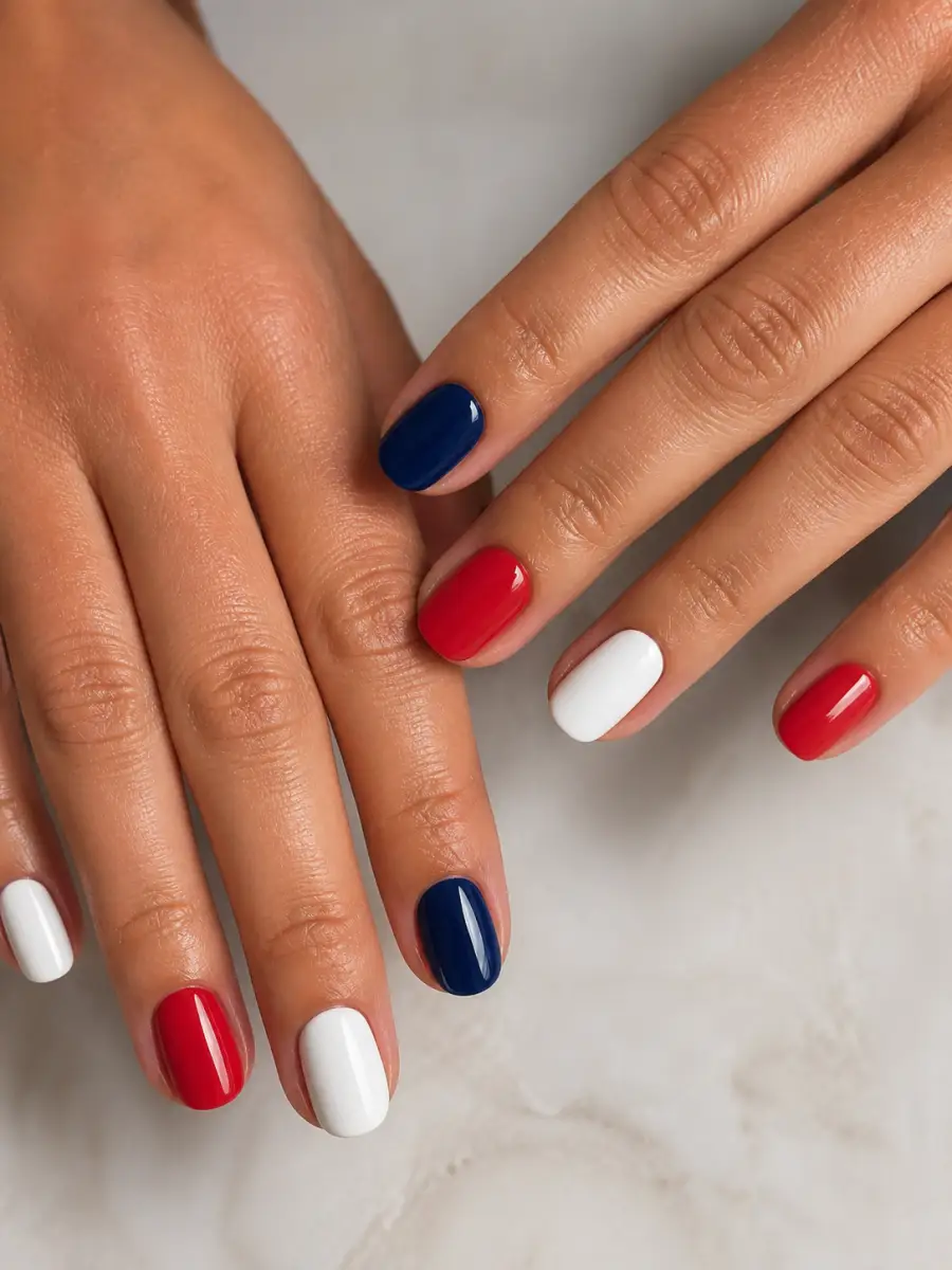 Minimal July Fourth Nails: red, white and blue across alternating nails, minimal july fourth