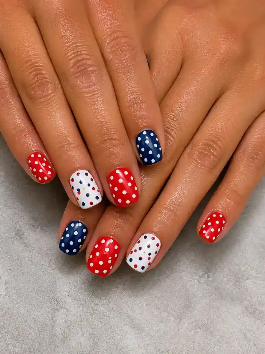 Americana Dot Nails: red, white and blue across alternating nails, americana dot