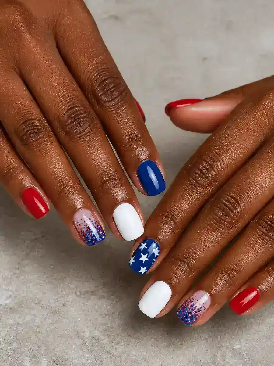 Fourth of July Mix Nails: red, white and blue across alternating nails, fourth of july mix