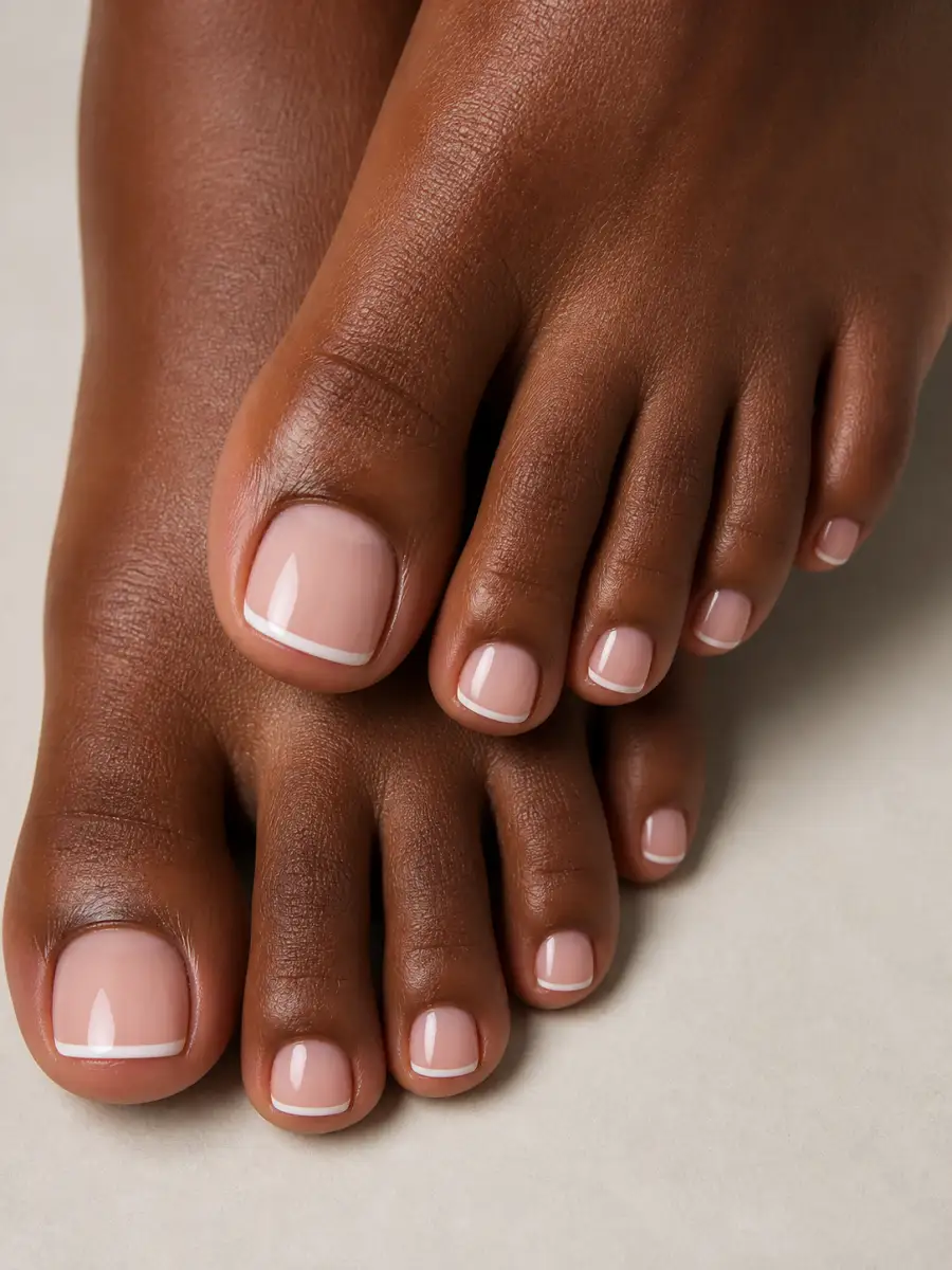 Pink French Toes: toenails, thin white french tip on sheer base, pink french toes