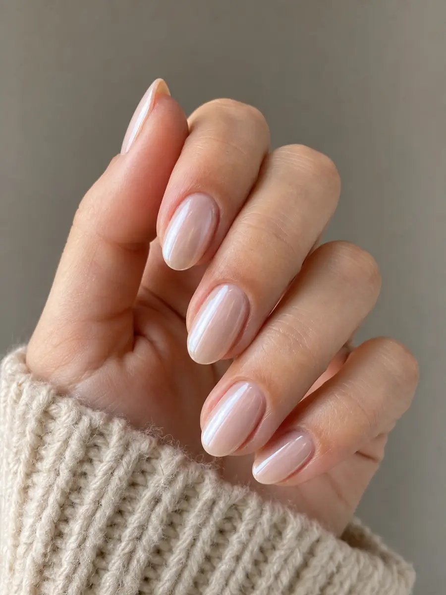 Classic Glazed Nude Nails: milky nude base with pearl chrome powder