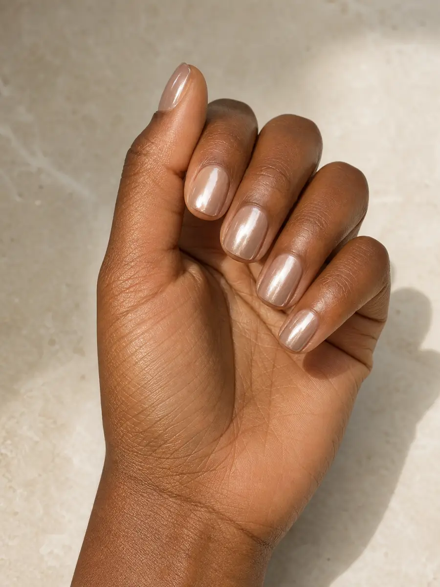 Champagne Beige Glazed Nails: short squoval, beige nude with champagne chrome